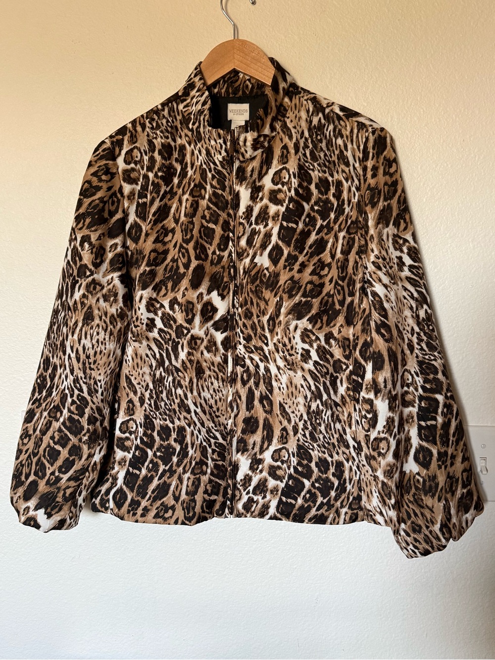 Chico's Weekends Animal Print Zip-Front Jacket Black/Brown/Cream Women’s Size 12